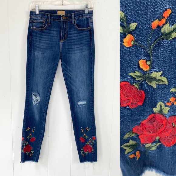 Driftwood Jackie Rose Floral Embroidered Skinny Jeans Raw Hem Stretch Size 26 - Picture 1 of 16